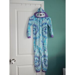 WONDER NATION girls medium 7/8 blue purple tie dye sloth hooded pajama onesie